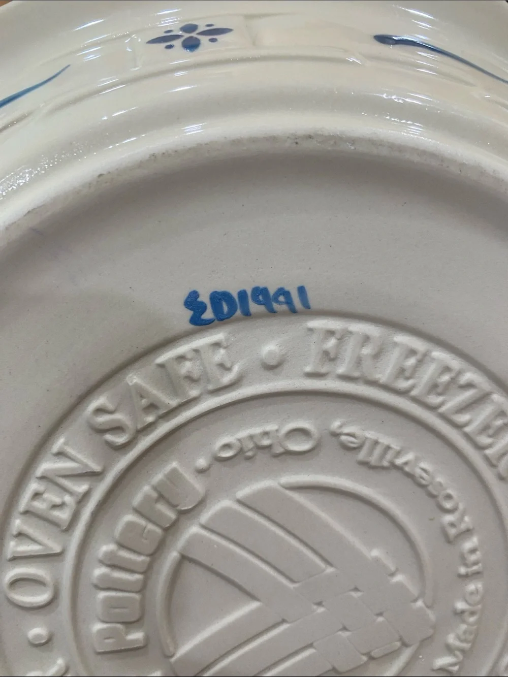 Longaberger Cream Serving Bowl with Blue Rim and Motif